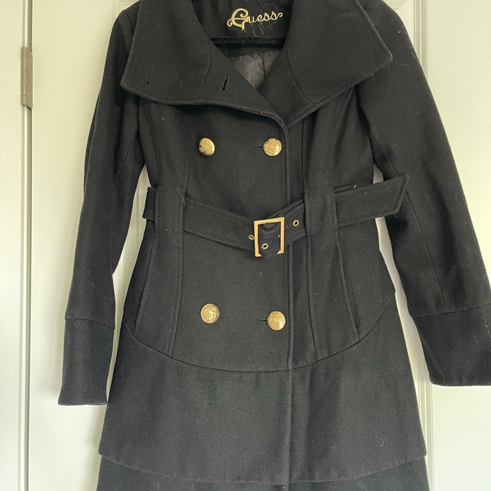 Guess Women's Black Trench Coat with Gold Accents